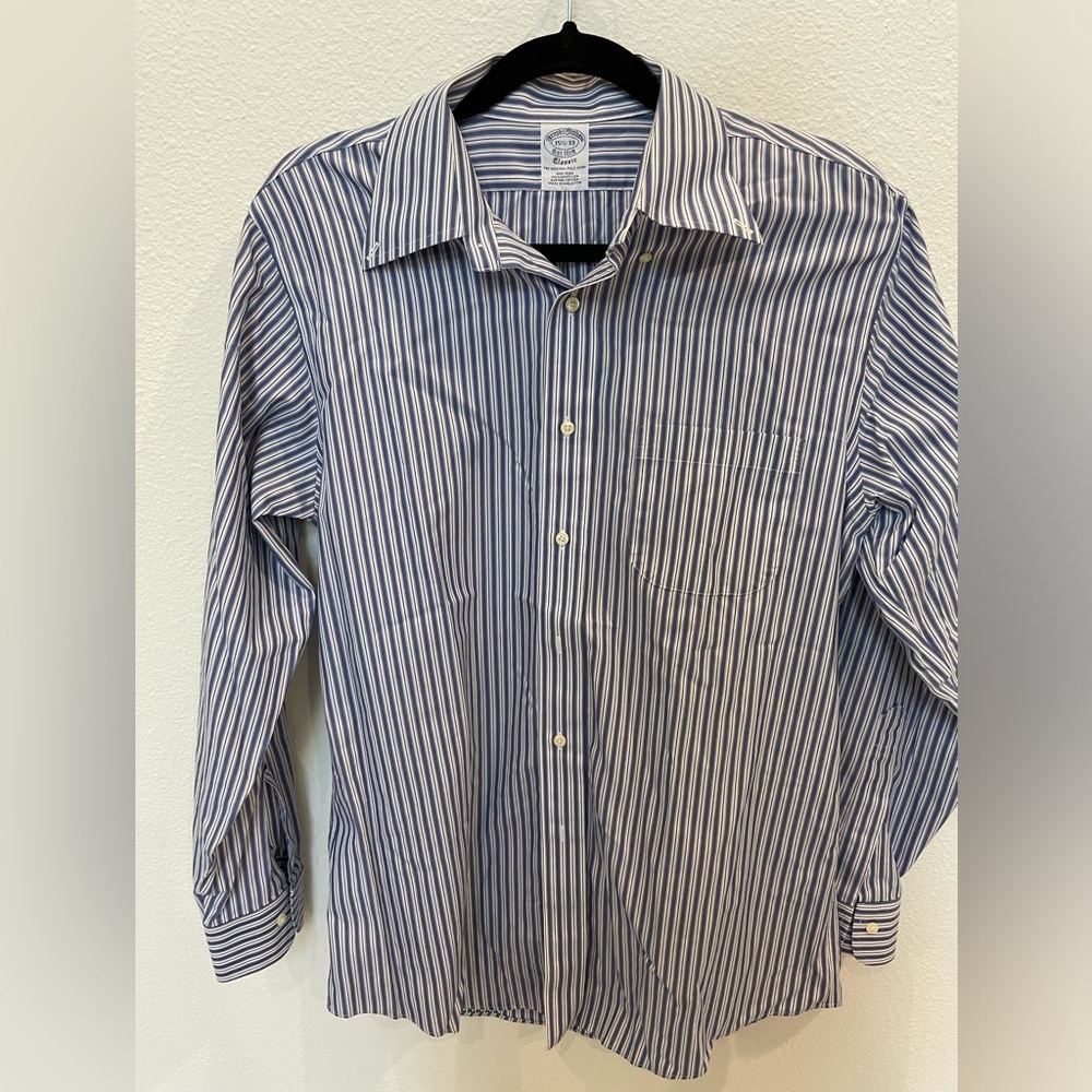 Brooks Brothers Navy and White Striped Classic Non-Iron Button Down Shirt